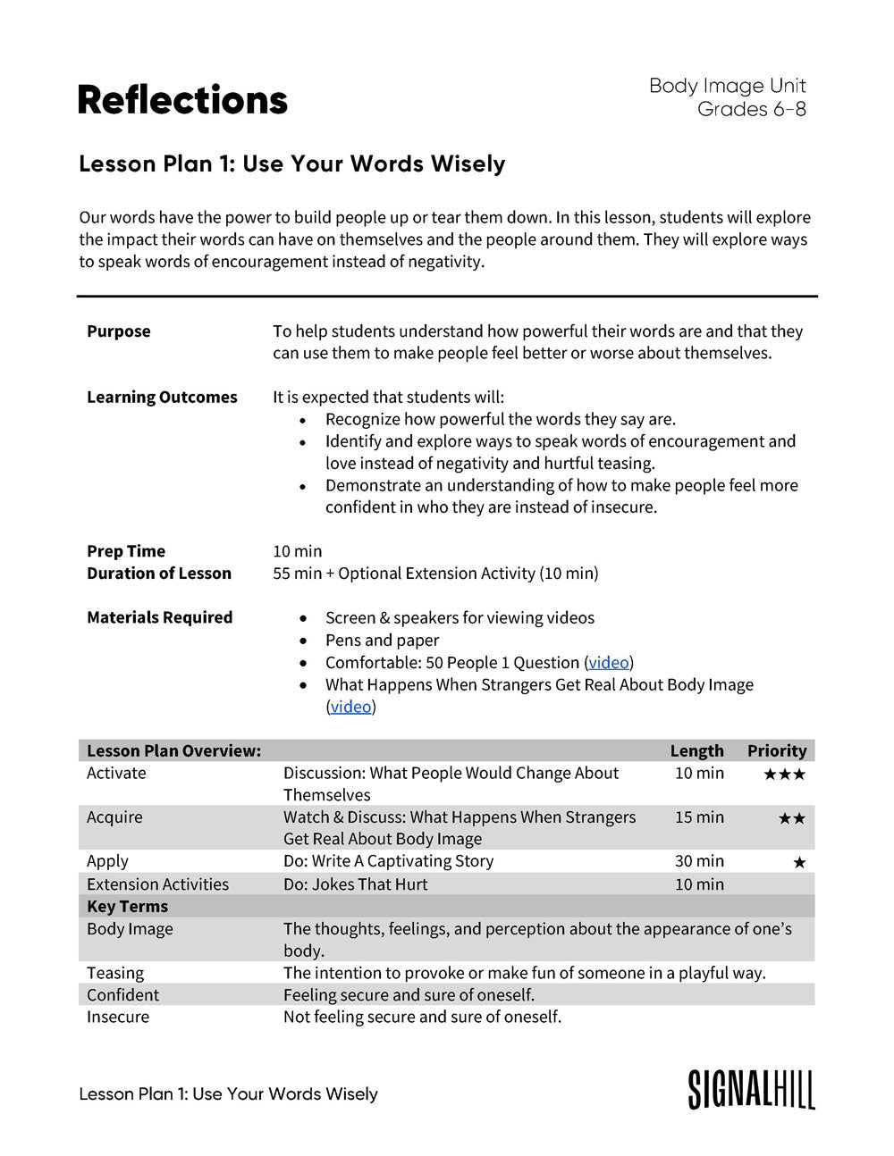 Reflections - Lesson Plan Bundle - Grades 6-8 – Signal Hill