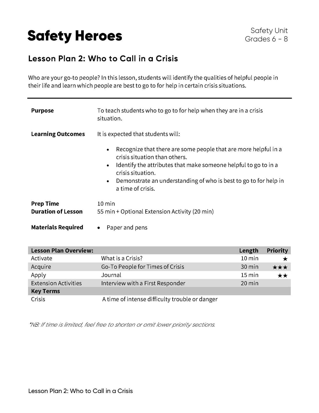 Lesson Plan 2: Who to Call in a Crisis