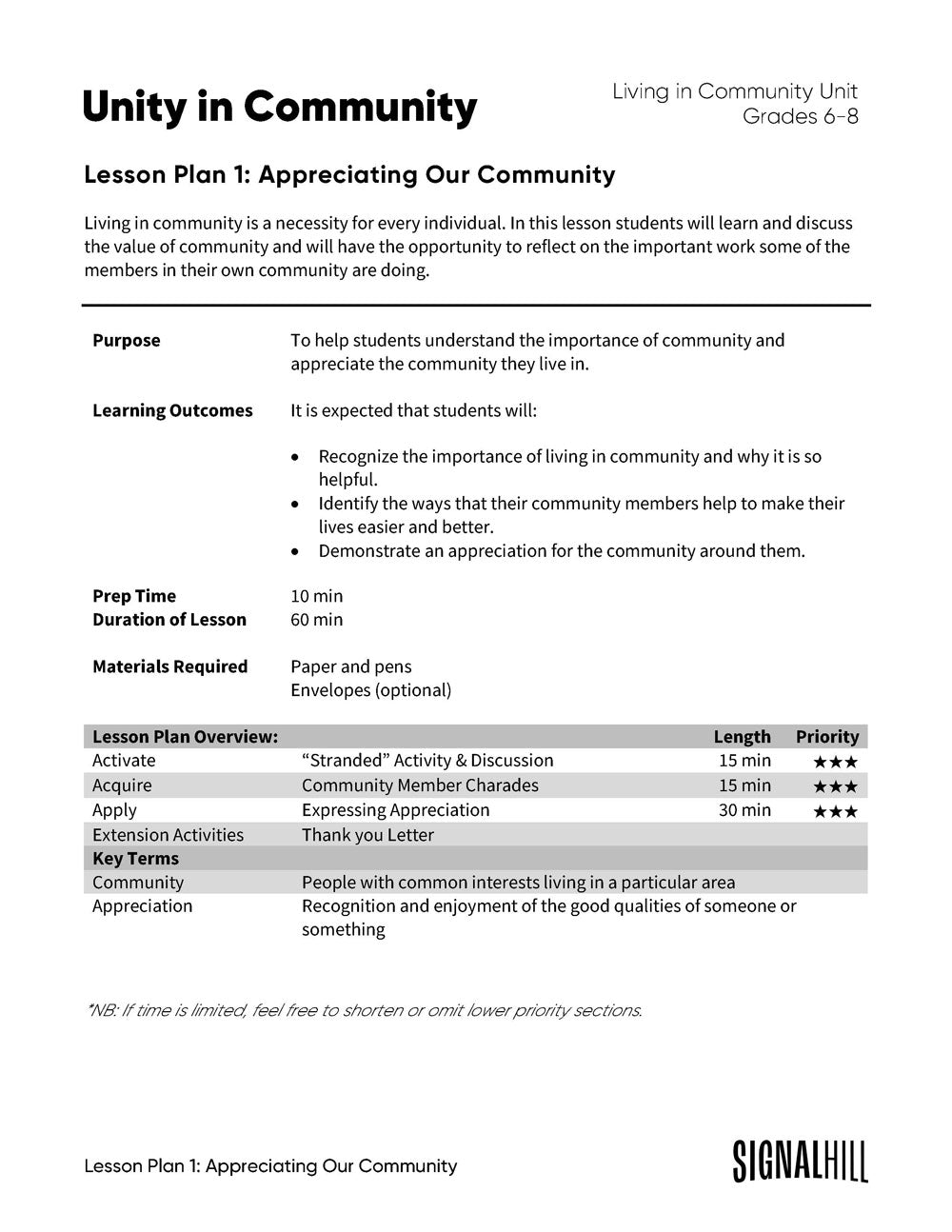 Community Lesson Unity in Community - Lesson Plan Bundle - Grades 6-8 – Signal Hill