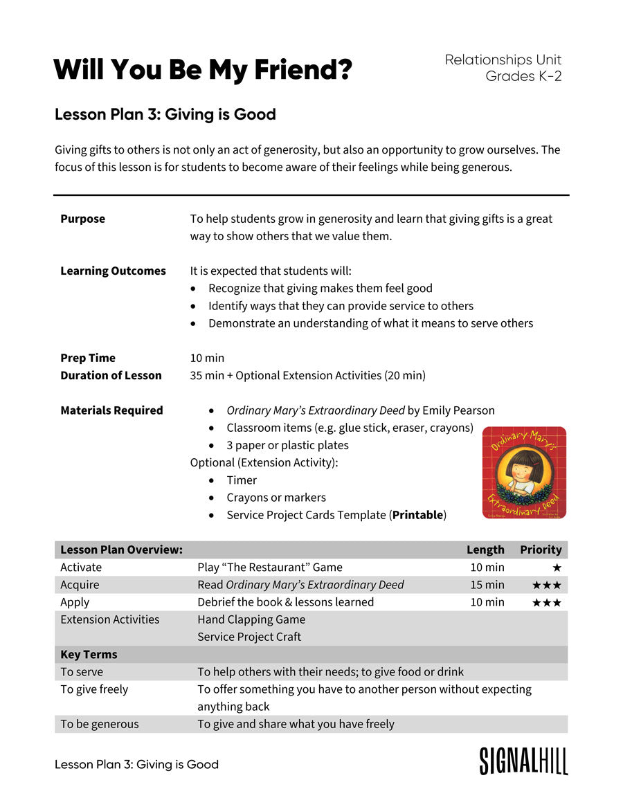 Lesson Plan 3: Giving is Good